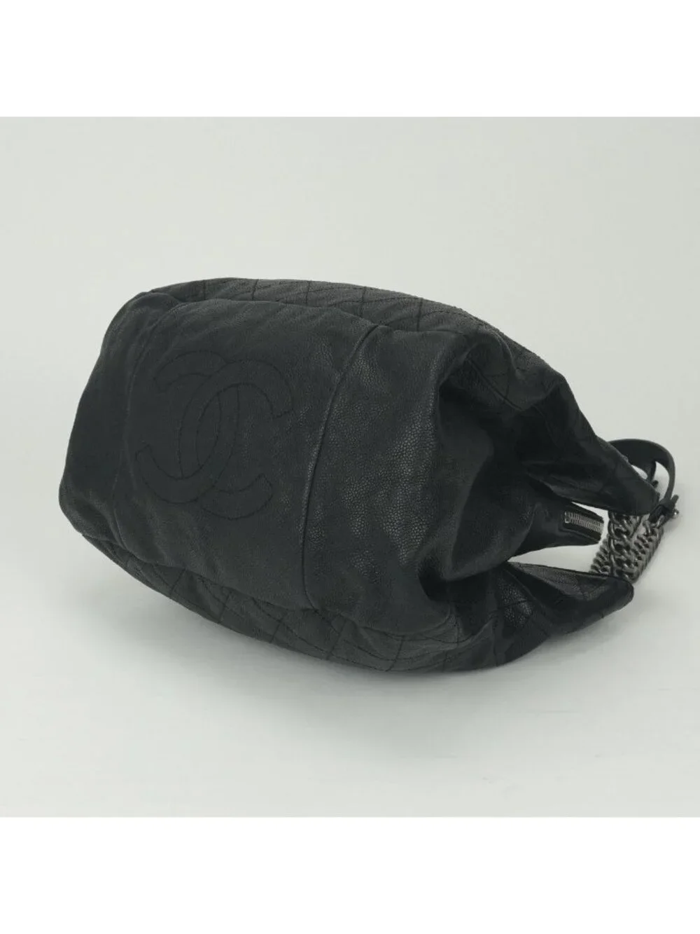 Chanel Quilted Tote Shoulder Bag Caviar Leather Black Silver Chain